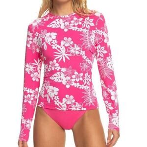 ROXY Girls' Sea Skippin Long Sleeve Rash Guard Shirt Pink Hello Aloha M NWOT